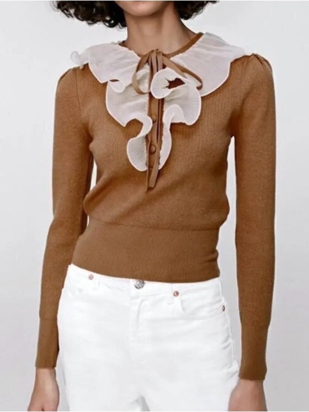 Zara ruffle knit, cognac with beige ruffle, very stretchy, M